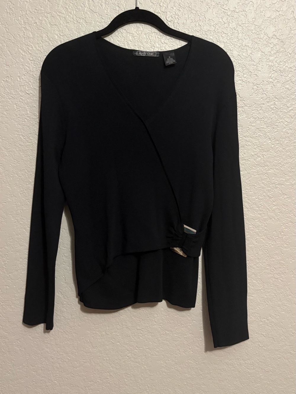 Knit Chic Women’s M Black Faux Wrap Sweater Top Buckle Detail